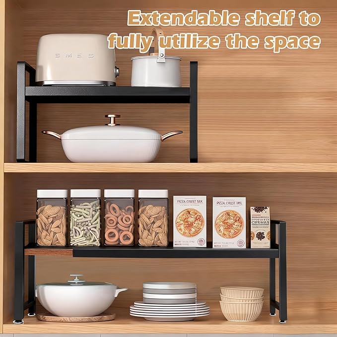 1 Pack Spice Racks, Expandable Adjustable Stackable Kitchen Organizer, Cabinet Shelf for Space-Saving, Counter Shelf for Cabinets, Countertop, Cupboard, Wood and Metal, Home kitchen Storage Rack