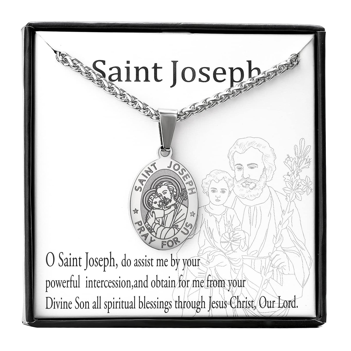 Zocomi Silver Saint St Joseph Medal Necklace for Men Boys, St. Joseph Pendant Chain Jewelry Catholic Christian Religious Baptism