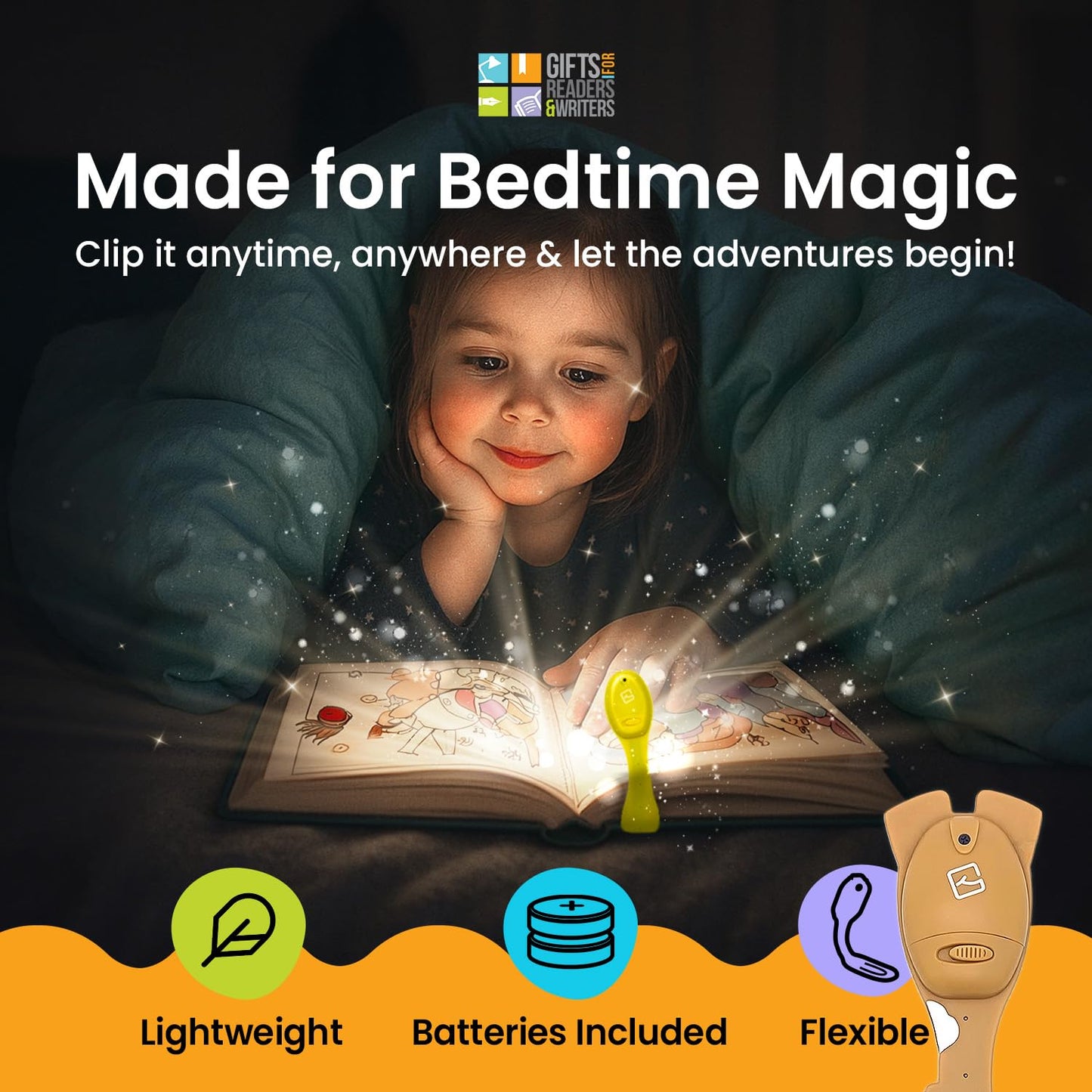 Gifts for Readers & Writers Flexilight Reading Light | LED Clip On Bookmark | Battery Operated | Duck Color