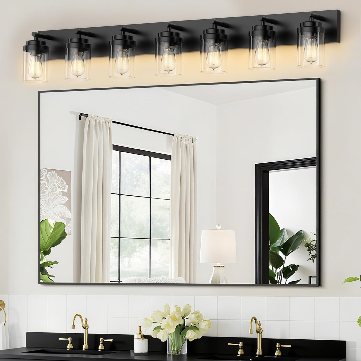 Izorro Bathroom Vanity Light Fixture  7-Light 51 Inch Matte Black Bathroom Light Fixtures Over Mirror  With Clear Glass Shade  Modern Farmhouse Vanity Lights  Rustic Restroom Lighting Fixtures