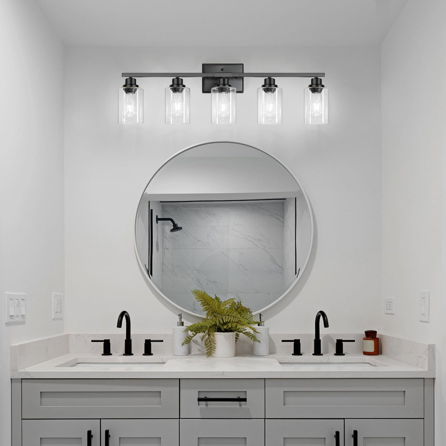 Ascher 5-Light Bathroom Light Fixtures, 33 Inch Vanity Lights with Clear Glass Shade, Modern Black Finish Wall Light for Mirror Bedroom Hallway Cabinet Porch