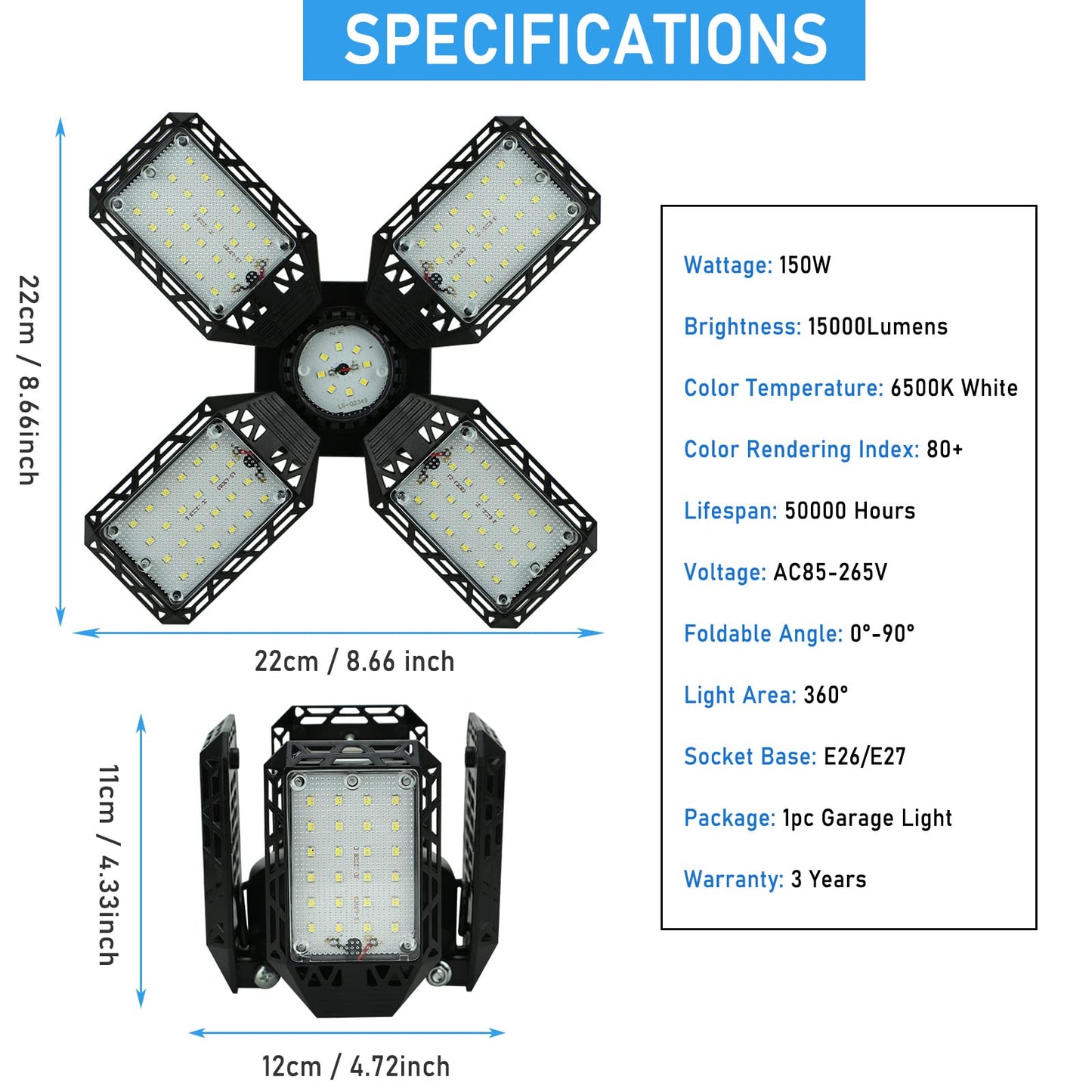 QiyuanLS 4-Pack LED Garage Light, 150W Deformable Ceiling Lights, 15000LM, E26/E27, Black, ABS+Aluminum, for Garage/Bas