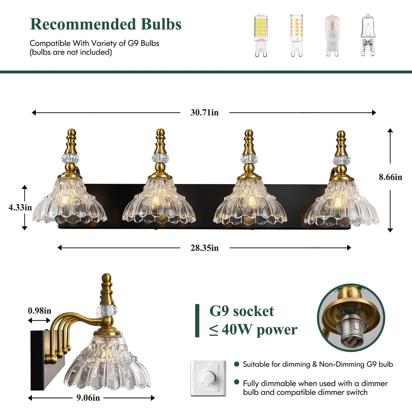 Lbsqj Vintage Bathroom Vanity Light  4-Light Black Gold Vanity Lighting Fixture With Flower Glass Shade  Bathroom Lighting Fixtures Over Mirror