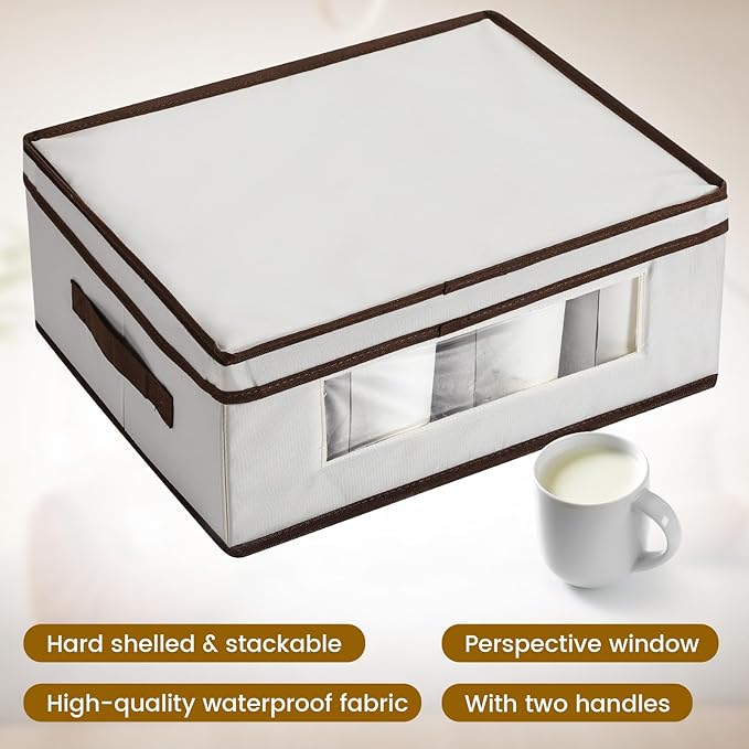 Uiifan 4 Pcs Mug 4 Pcs Champagne Flute Storage Box with Dividers 12 Compartment Stemware Storage Cases China Container Box with Lid, Handles, PVC Window for Moving, Beige