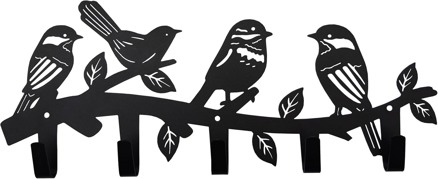 Metal Bird Coat Hooks Wall Art Decor-Bird Hangers and Key Holder-Animal Theme Hooks Sweet Home Decor for Storage, Living Room, Hallway, Office (Black)