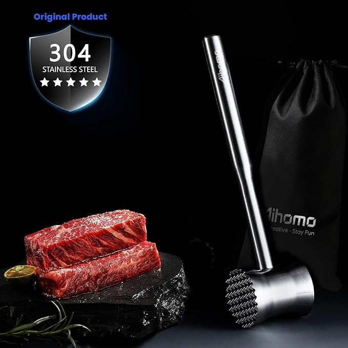304 Stainless Steel Meat Tenderizer Mallet, Dual Side Meat Hammer Chicken Pounder, Heavy Duty Meat Beater for Steak and Beef, Meat Pounder Kitchen Cooking Mallet Dishwasher Safe