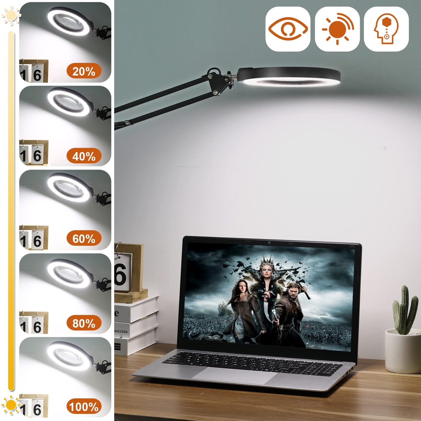 Veemagni 5 Inch Magnifying Glass With Light, 10X Magnifier, 5 Color Modes, Black, Model 5D8-018, Hands-Free Led Clamp Desk Lamp