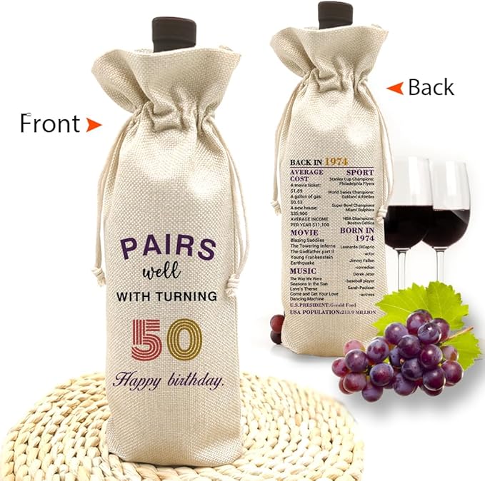Socive 50th Birthday Gift for Women Men,50th Birthday Wine Bag,1974 Birthday Wine Bag,50 Years Old Birthday Party Decor Gift (50 BIRTHDAY)