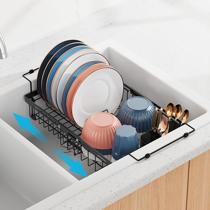 iSPECLE Expandable Dish Drying Rack for Large Sink - Adjustable Capacity Over The Sink Dish Drainer Drying Rack, 15.8"-20.7" L x 12.8" W, Black