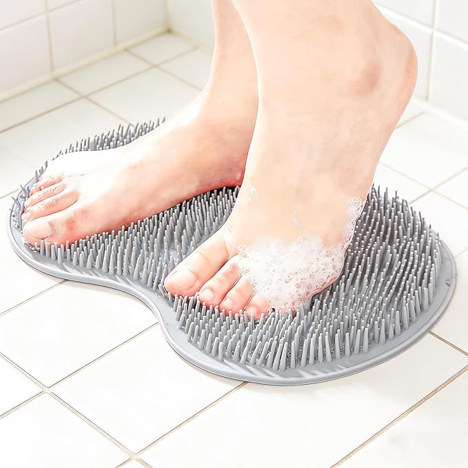Silicone Shower Scrubber Mat Back Exfoliating Acupressure Pad Non Slip Shower Mat Massages for Men and Women,Grey
