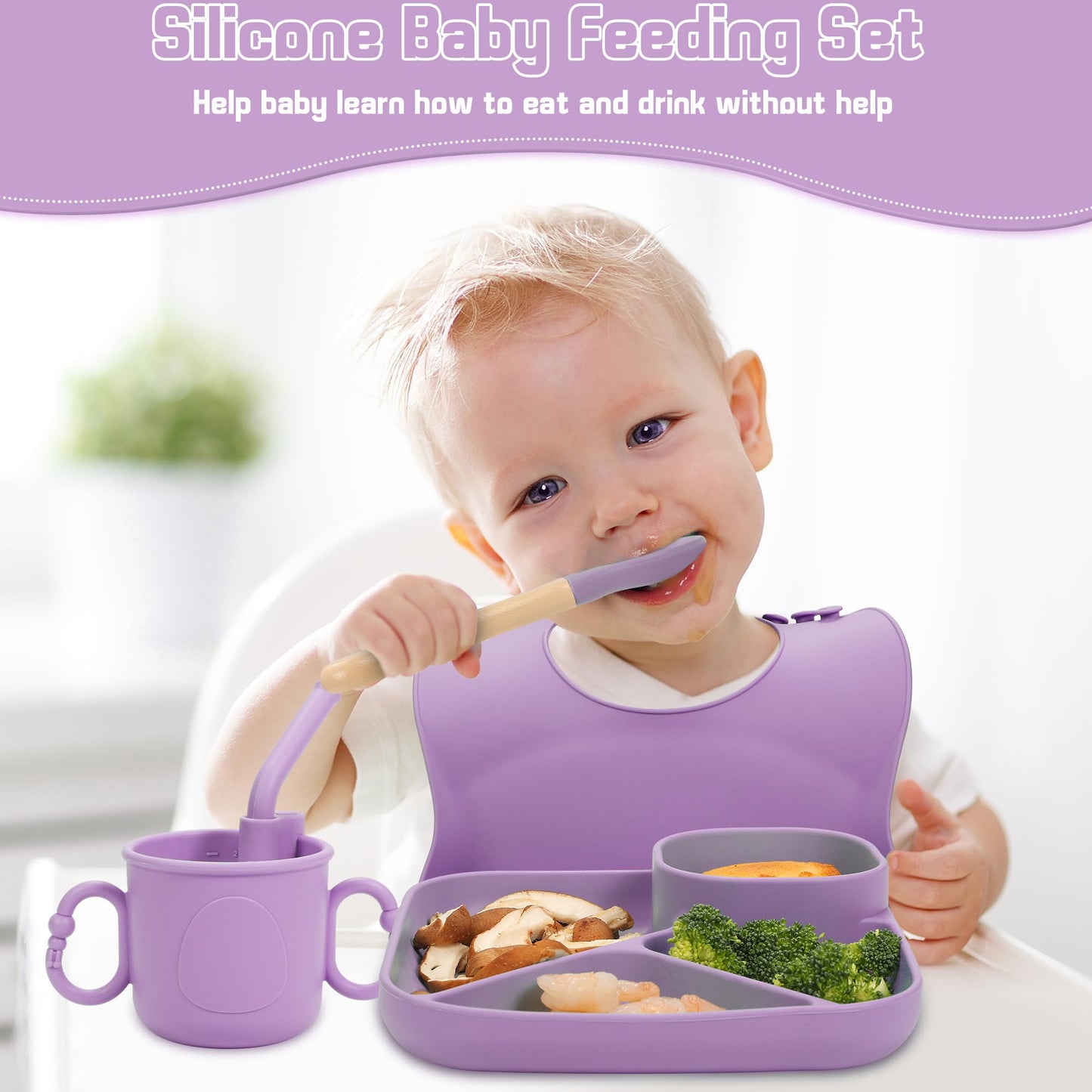 MIICASA Silicone Baby Feeding Set, Baby Led Weaning Supplies, Silicone Suction Plate, Bowl, Spoons, Fork, Waterproof Bib, Cup and Food Tableware, Eating Utensils Baby Feeding Essentials for 3+ Months
