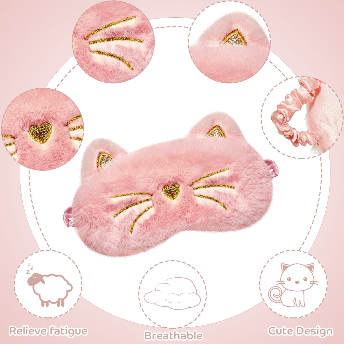3 Pieces Sleep Mask for Kids, Girls Plush Sleeping Eye Cover Soft Eye Blindfold Cover Animal Shade for Kids(White, Pink and Rainbow Color,Cat Style)