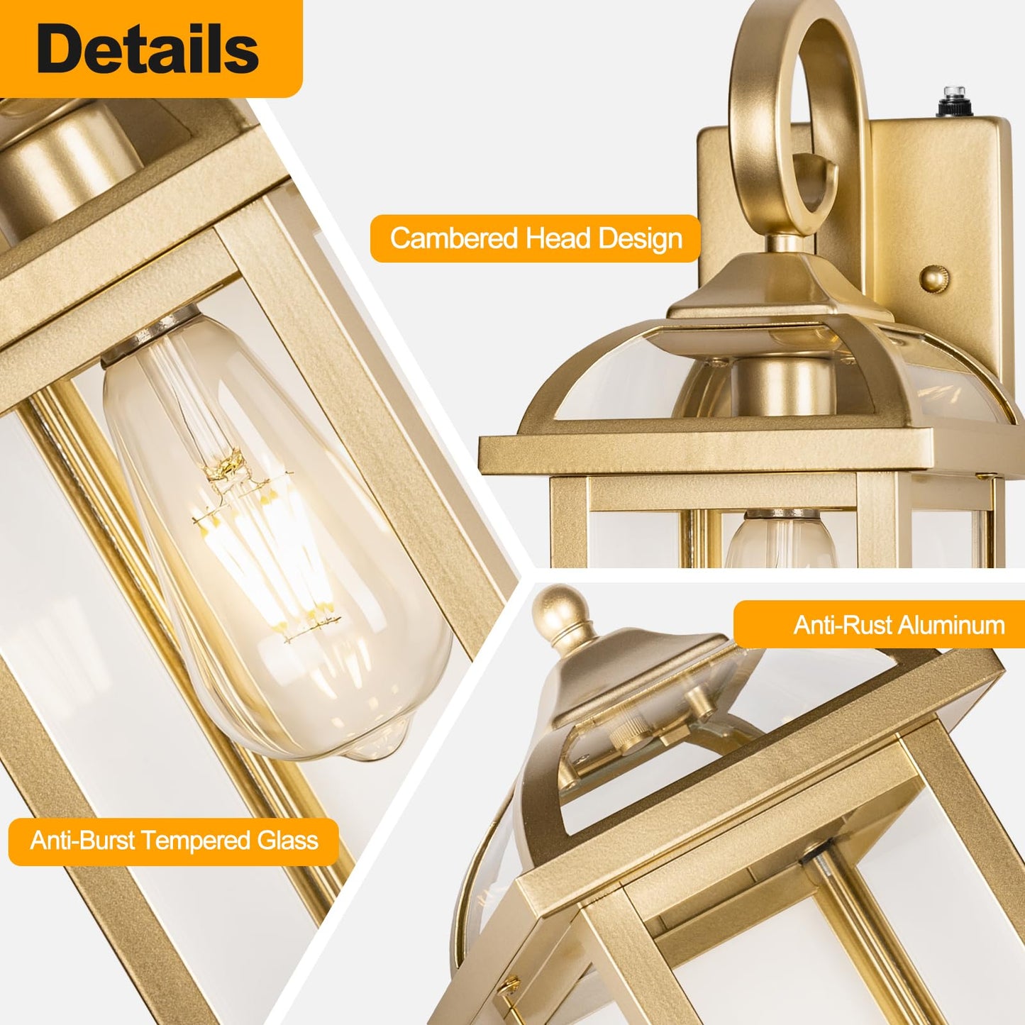 Roravilila Golden Outdoor Sconces 2-Pack, Ip65 Waterproof Aluminum Wall Lanterns With Dusk To Dawn Sensor