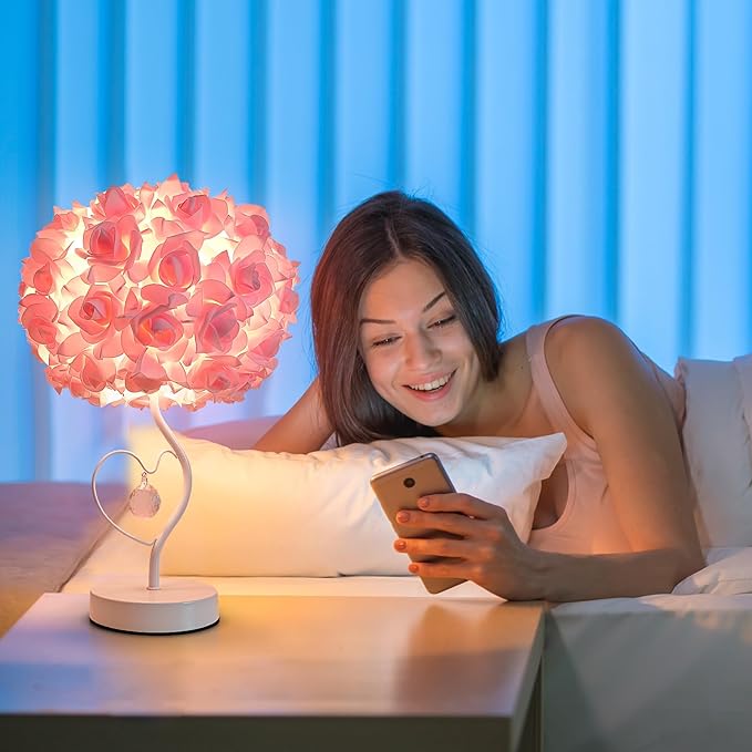 Pink Rose Flower Bedside lamp Princess Table lamp Flower Lamp for Nightstand Desk Light for Bedroom Women Girl Dating Gifts Party Wedding Decor Living Room Restaurant Office