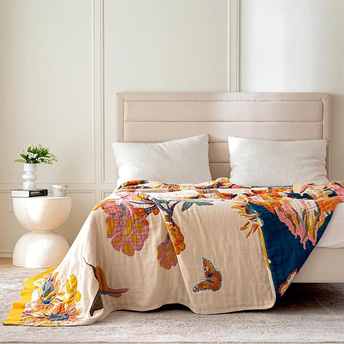 MSGKV Boho Throw Blanket 60''x80'',100% Cotton Blankets for Couch Bed,Cotton Quilt Travel Muslin Blankets Farmhouse Home Decor Soft Lightweight Picnic Blanket