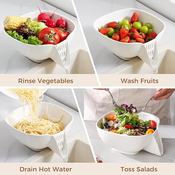 Dizada Multifunctional Ceramic Drain Basket with Integrated Drain Spout, Colander for Kitchen 60 Oz Large Capacity Food Strainer for Vegetable, Fruits, Pasta, Salad, Heat-Resistant, Dishwasher-Safe
