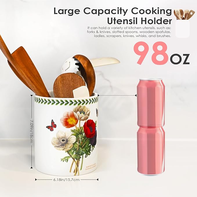 ACMLIFE Extra Large Cooking Utensil Holder, 7.3" Kitchen Utensil Holder for Countertop, Utensil Crock for Farmhouse Kitchen Decor, Ceramic Stable Utensil Caddy, Floral (Beauty)