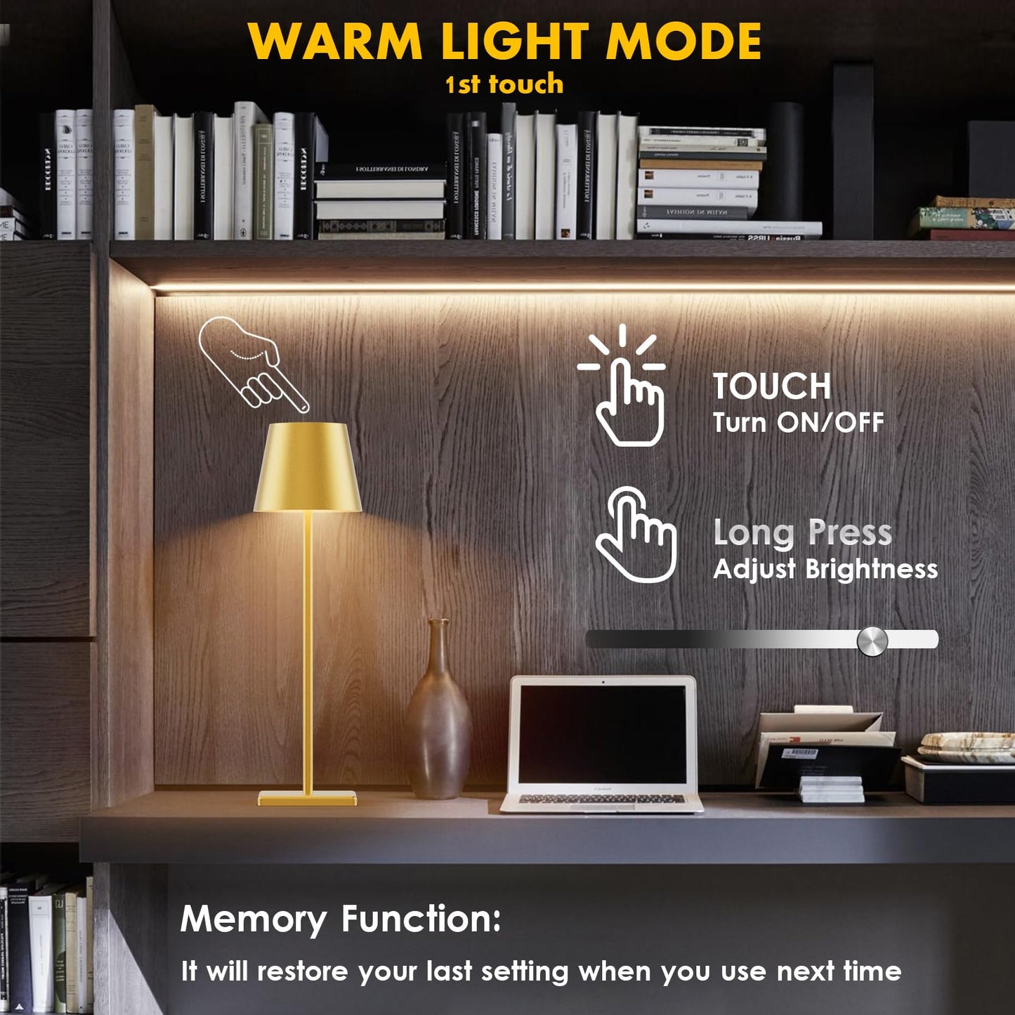 Aoceley 2-Pack LED Cordless Table Lamp - RGB Stepless Dimming, 3W, Rechargeable, Gold, Model HT-010