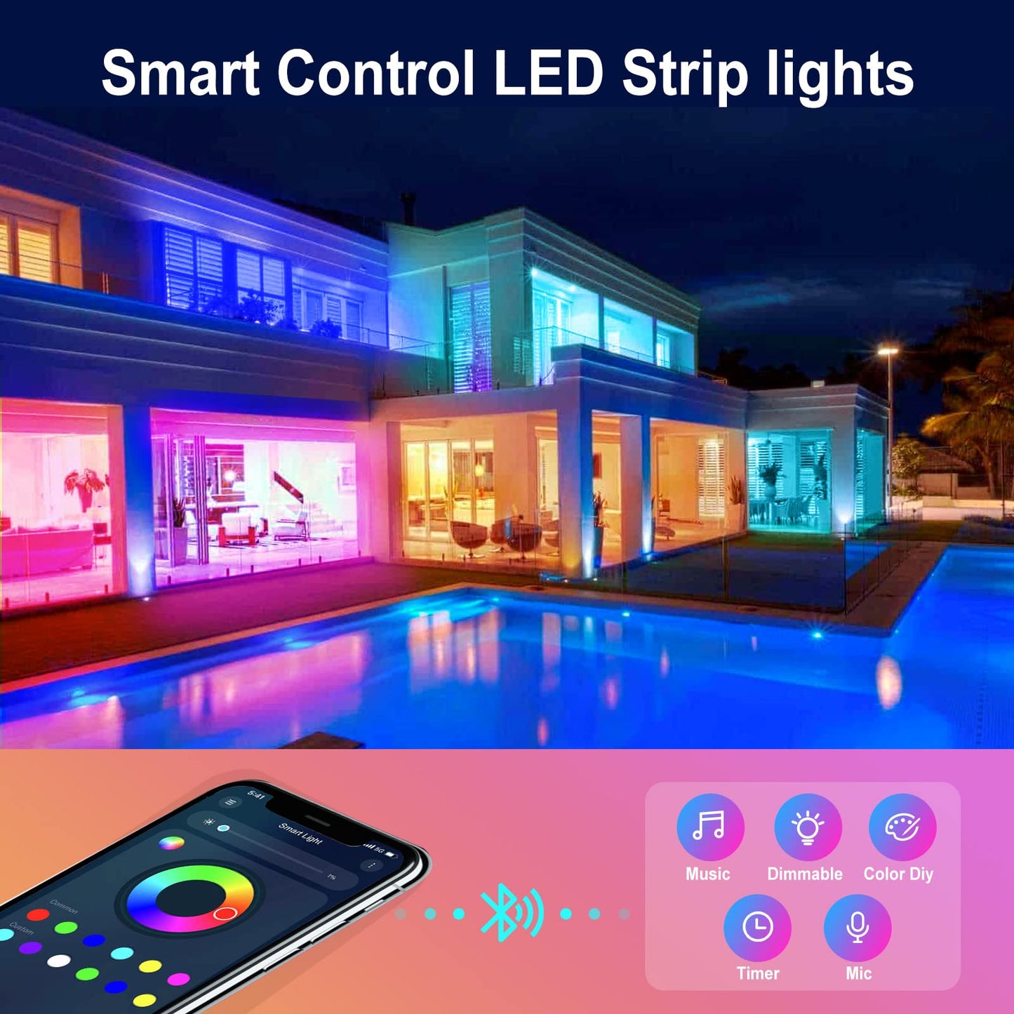 CHARKEE 100ft Bluetooth LED Strip Lights, IP65 Waterproof, RGB Color Changing, Remote Control, Multicolor, Model CH55NW3100B