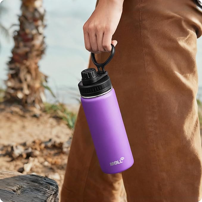 Water Bottle with Spout Lid-18 oz Stainless Steel Insulated Wide Mouth Sports Water Bottle for Kids-Reusable Leak Proof Travel Flask with Silicone Boot, BPA-Free(Purple)