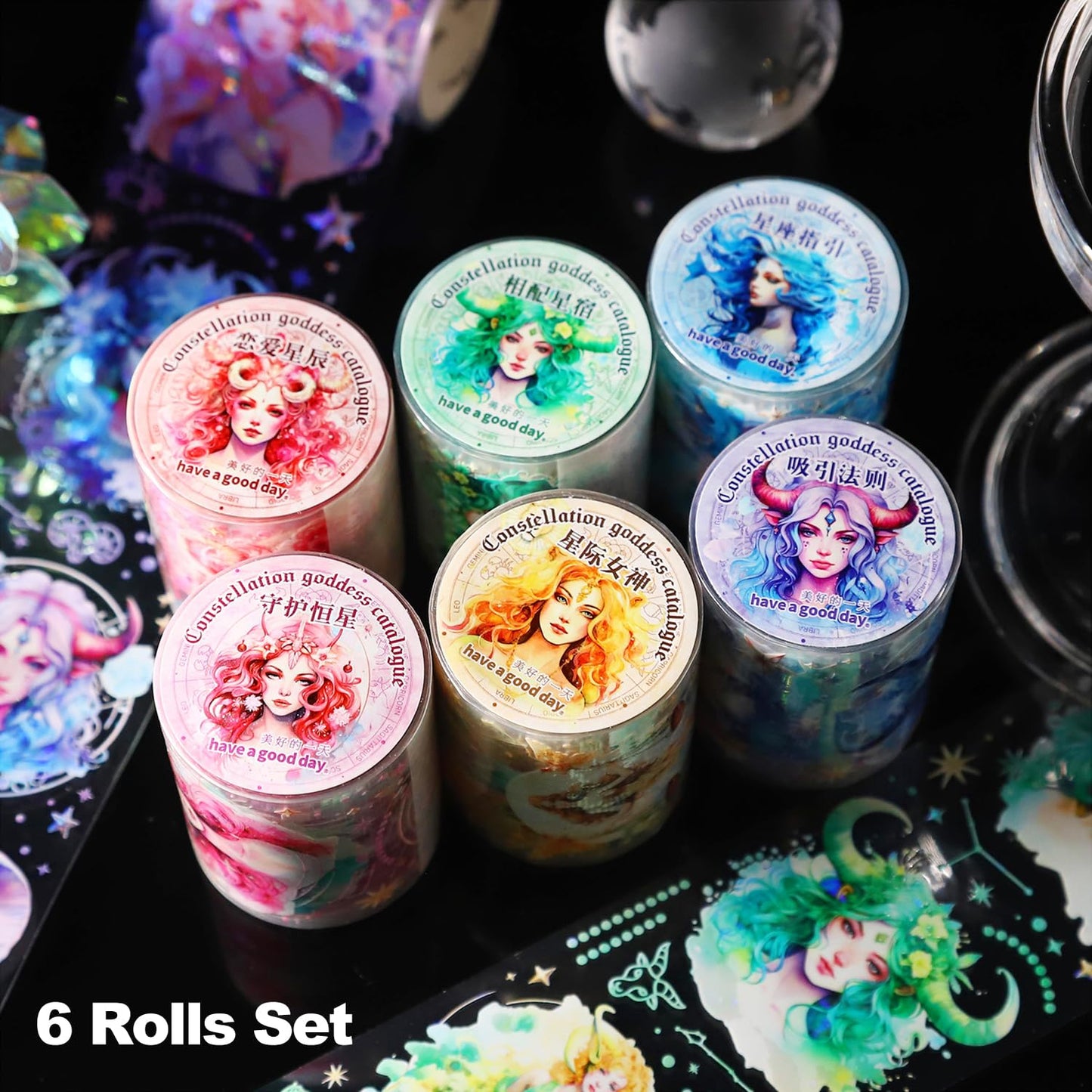 6 Pcs Constellation Goddess PET Scrapbook Tapes, Holographic Stickers for Journaling, Scrapbook Supplies, and Ephemera, with Decorative Clip