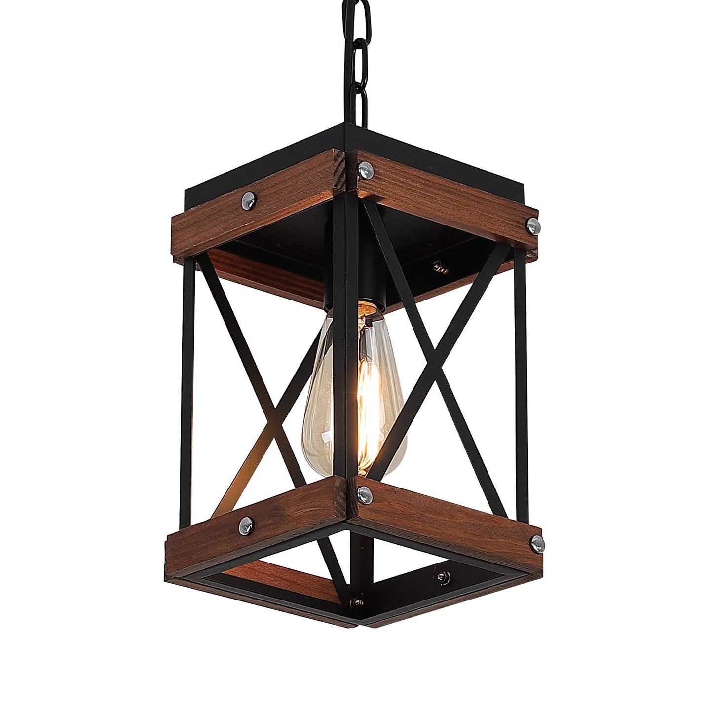 Fivess Lighting Rustic Farmhouse Pendant Light, One-Light Adjustable, Metal & Wood Cage, Black & Brown, 1-Light Pendant
