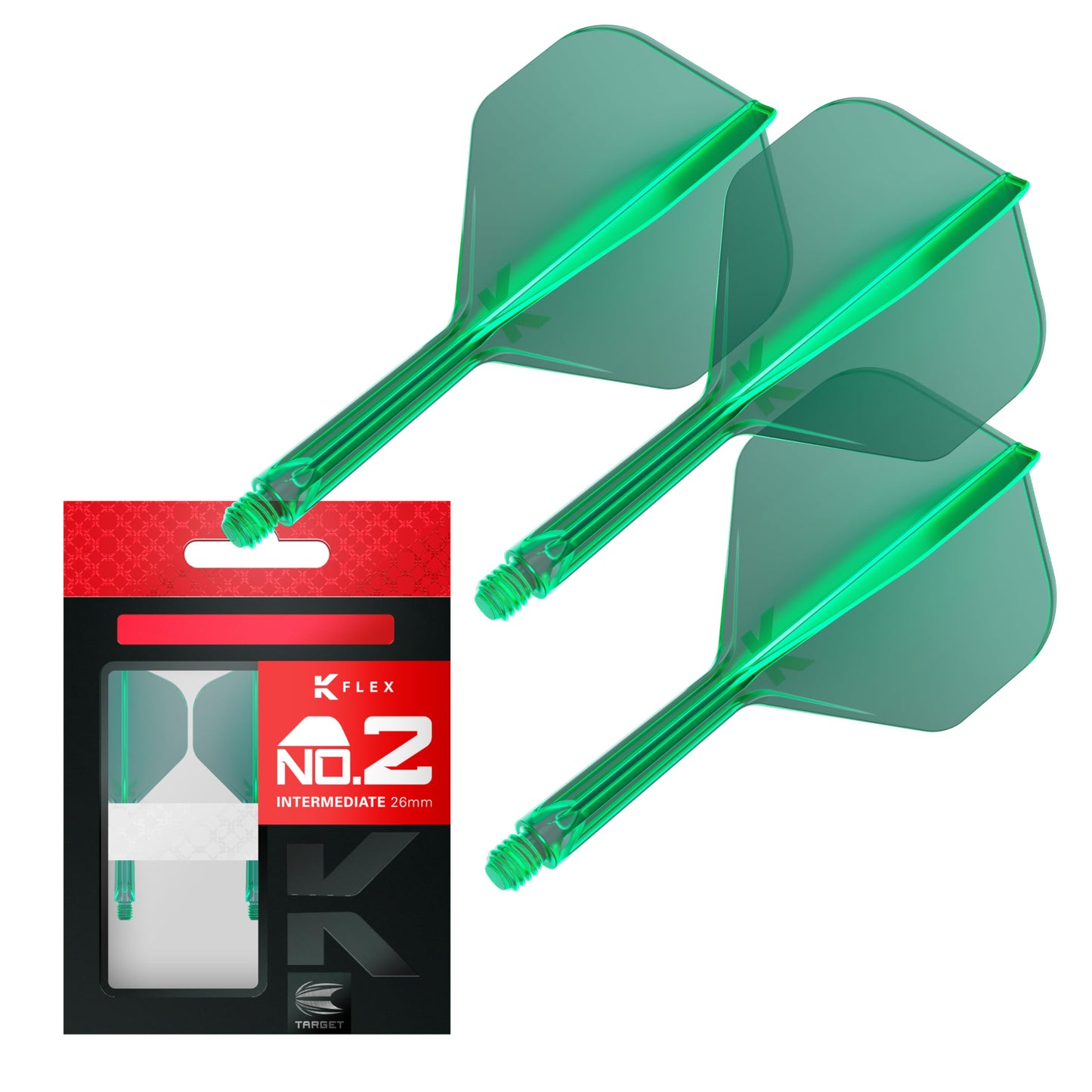 Target Darts K Flex Integrated Dart Flight And Shaft  No.2 Green (Intermediate) | Pack Of 3 K-Flex - No 2  Precision Moulded 2-In-1 Dart Flights And Dart Stem | Professional Dart Accessories