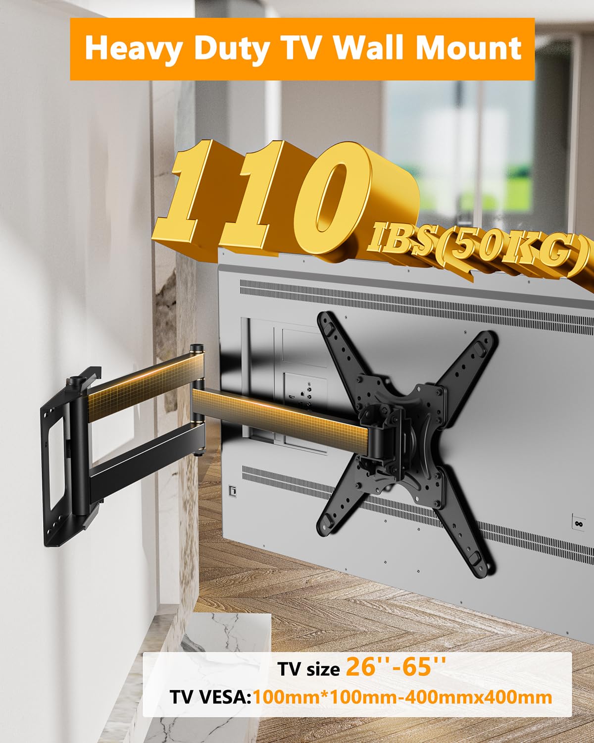WHYFONE 48'' Extension Long Arm Rotating TV Wall Mount Heavy Duty, Landscape to Portrait Full Motion TV Mount Vertical for 26''-65'' Screens, VESA 400x400mm,16''Wood Stud/Concrete/Brick Wall