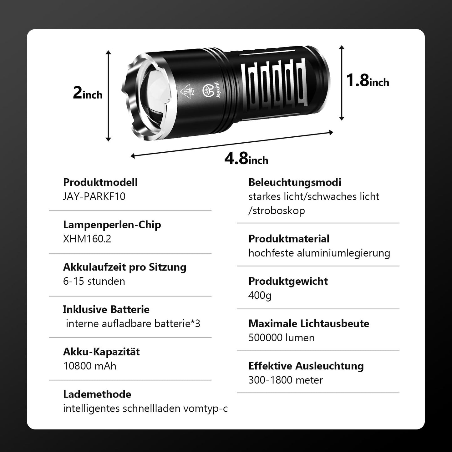 Jay-Park Led Flashlights High Lumens - 10000 Lm  Built-In 10800Mah Rechargeable Battery And Lcd Power Display  5 Lighting Modes  Zoomable  For Home  Emergency
