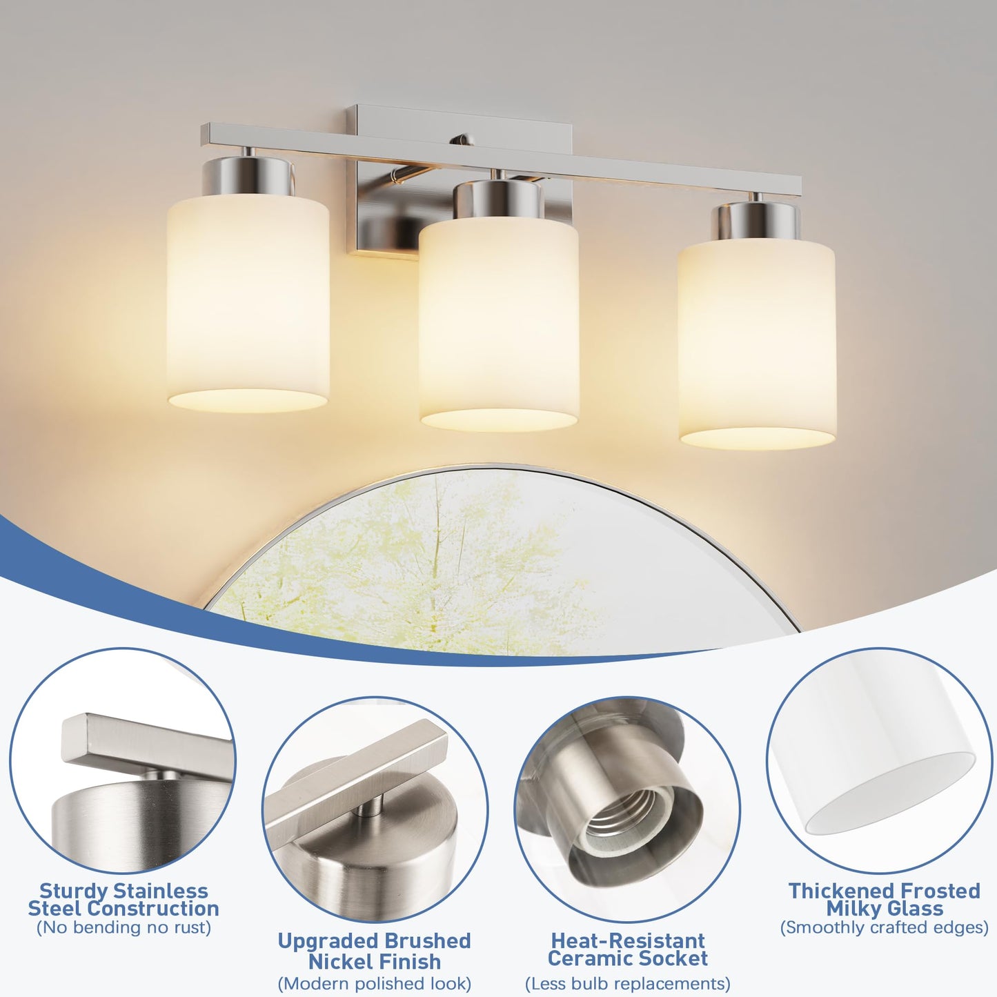 Partphoner 3-Light Brushed Nickel Bathroom Light Fixtures  Modern Vanity Light Over Mirror Lighting  Wall Sconce With Frosted Milky White Glass Shades For Bedroom Living Room Kitchen Hallway
