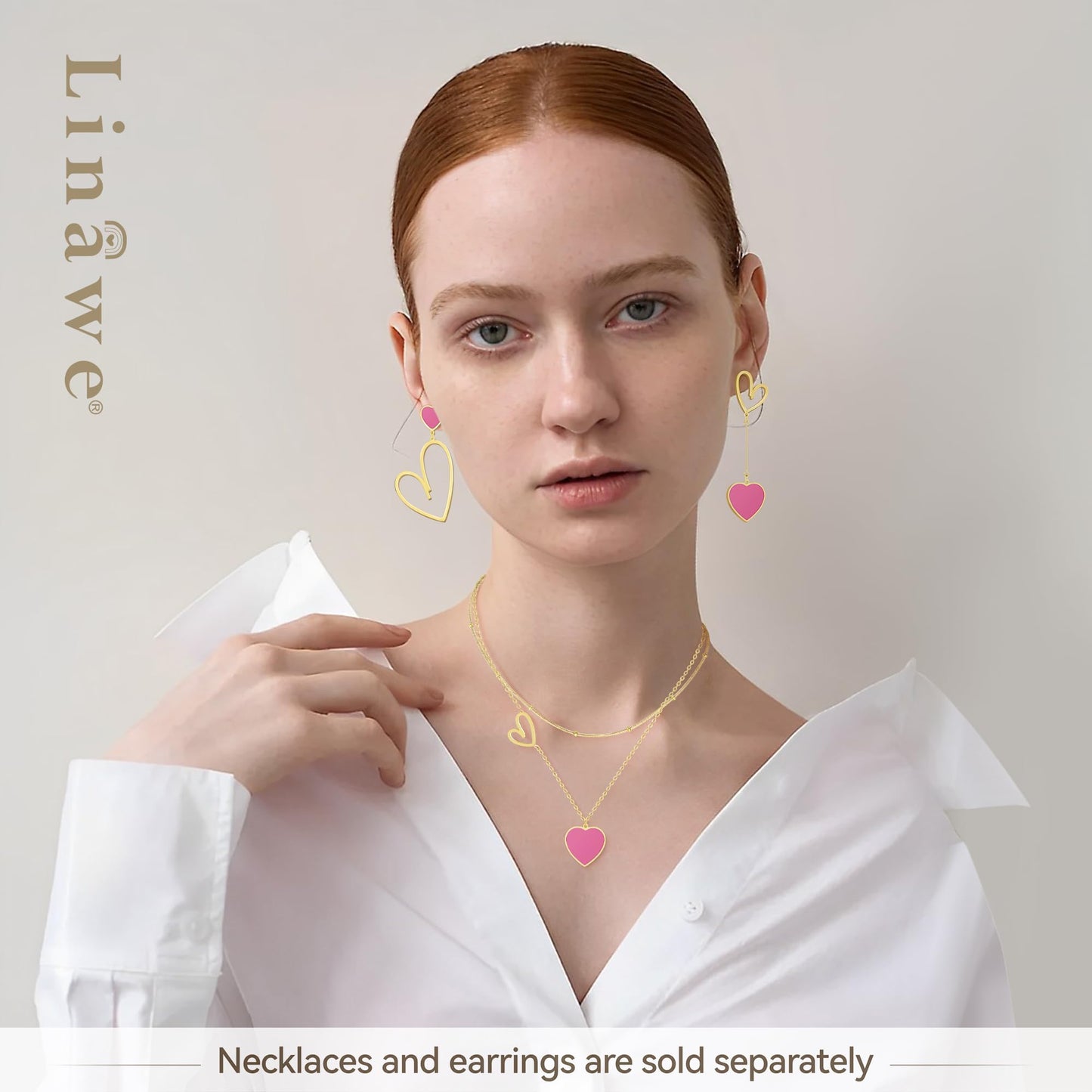 Linawe Hot Pink Heart Earrings for Women, Gold Dangle Drop Earrings, Titanium Surgical Steel Hypoallergenic Asymmetrical Earring