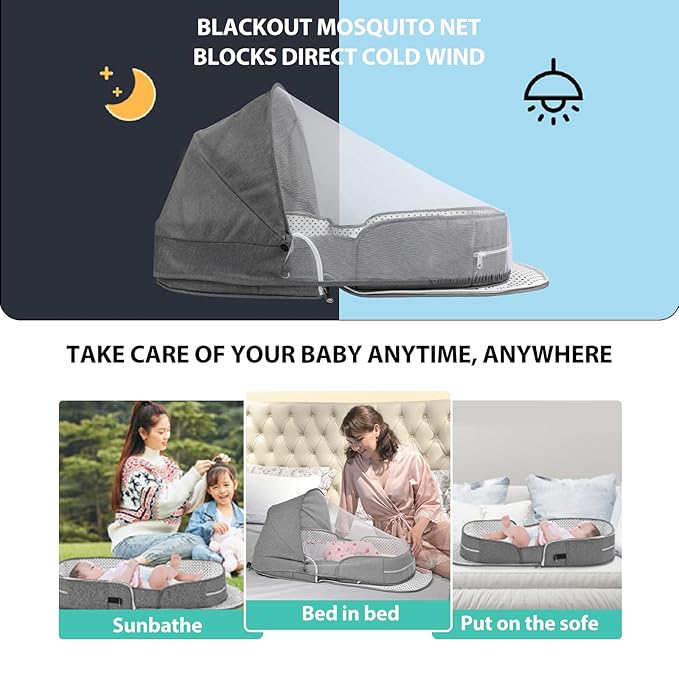 Portable Bassinet for Baby Travel Lounger Foldable Baby Co-Sleeping Bed with Mosquito net + Cool mat Carry Bag & Storage Pocket ()