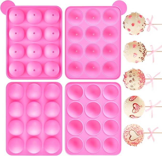 Kucoele Cake Pop Mold Set, Including 15 Hole Clear Acrylic Lollipop Display Stand Holder, 12 Cavity Pink Silicone Cake Pop Mold, Cake Pop Sticks Treats Bags and Twist Ties