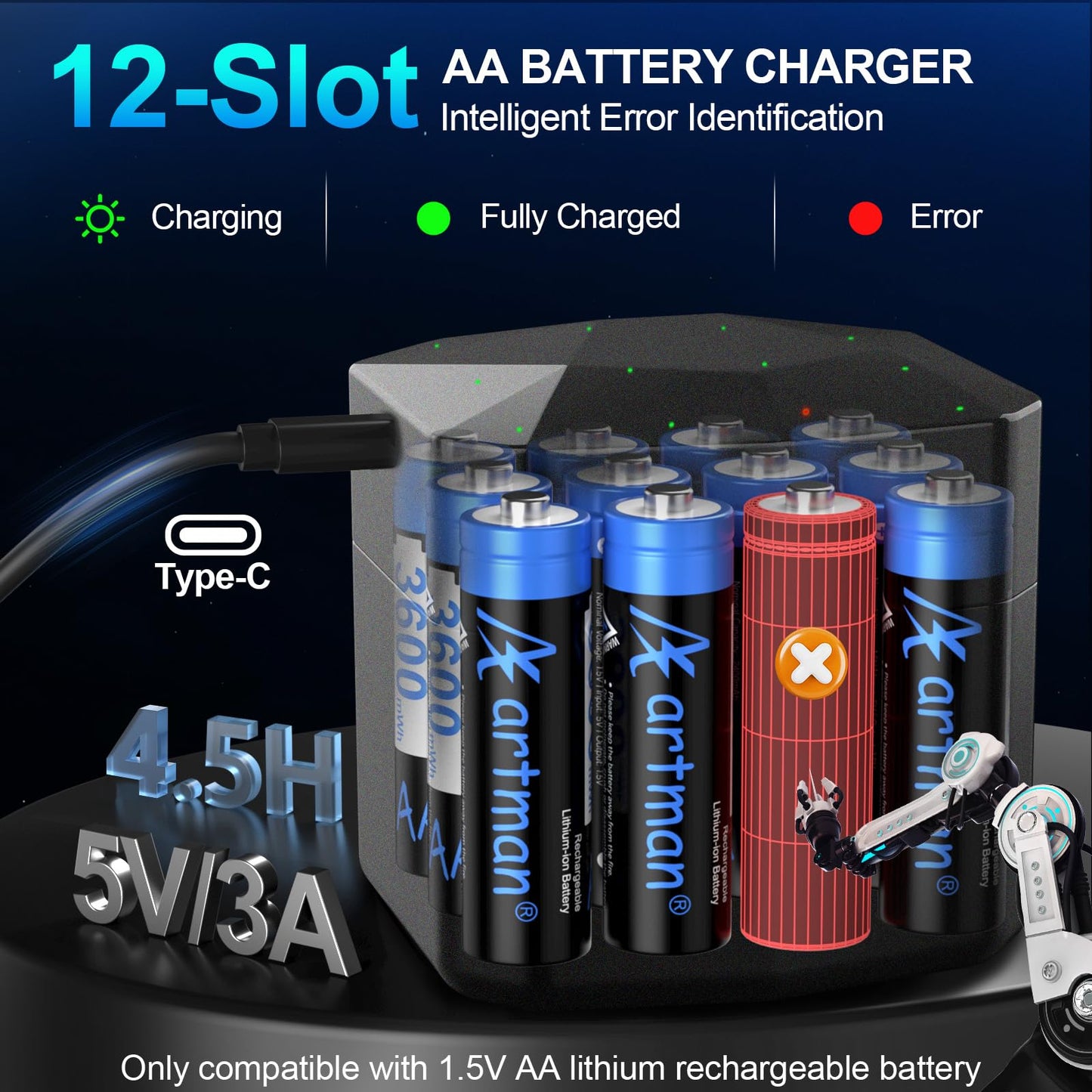 A Artman Rechargeable Lithium AA Batteries 12 Pack with 12-Slot Charger, 3600mWh 1.5V High Power AA Lithium Batteries for Blink Outdoor Camera, Rechargeable Double A Battery with 2000+ Cycles (Black)