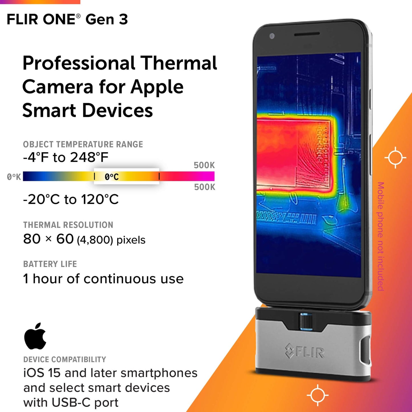 Flir One - Thermal Imaging Camera for iOS Smartphones (iPhone 15 and Newer w/USB-C), 240x180 Super Resolution (80x60 Native IR)