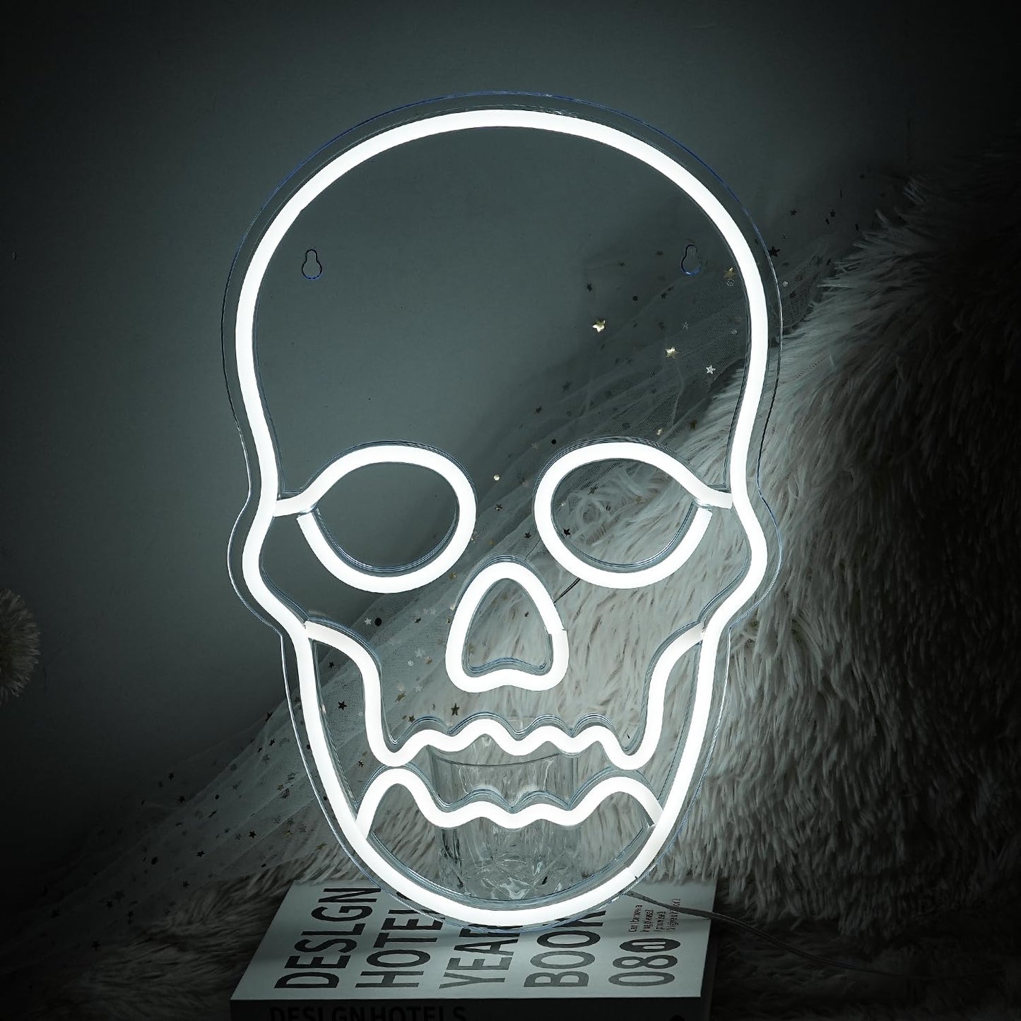 Alkkign Skull Neon Sign, White Ghost LED Light for Halloween, Man Cave, Game Room, Plastic Material
