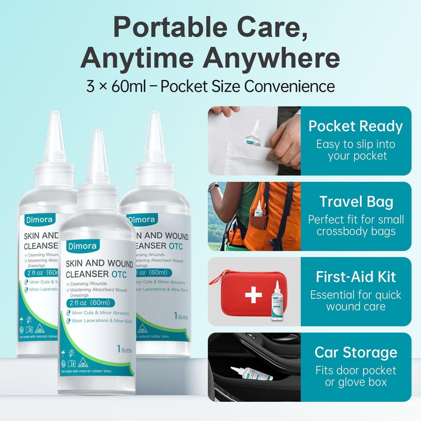 Dimora Portable First Aid Antiseptic Cleanser, OTC Antimicrobial Skin and Wound Cleanser for Cuts, Abrasions, Lacerations, Burns, Skin-Neutral pH – 3-Pack Travel Size, 60mL Each (6oz Total)