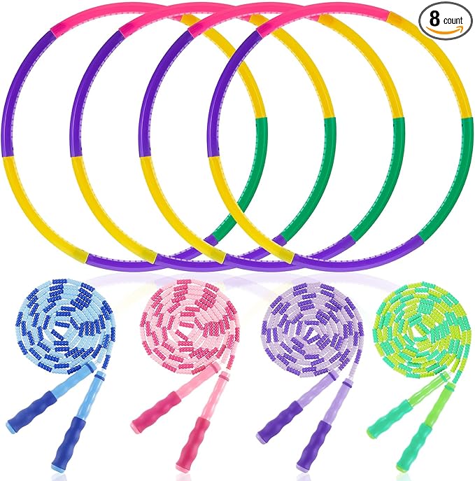 Silipull 8 Pcs Toy Hoop and Jump Rope Set for Kids Include 4 Skipping Rope and 4 Detachable Weight Size Hoop Gymnastic Fit...