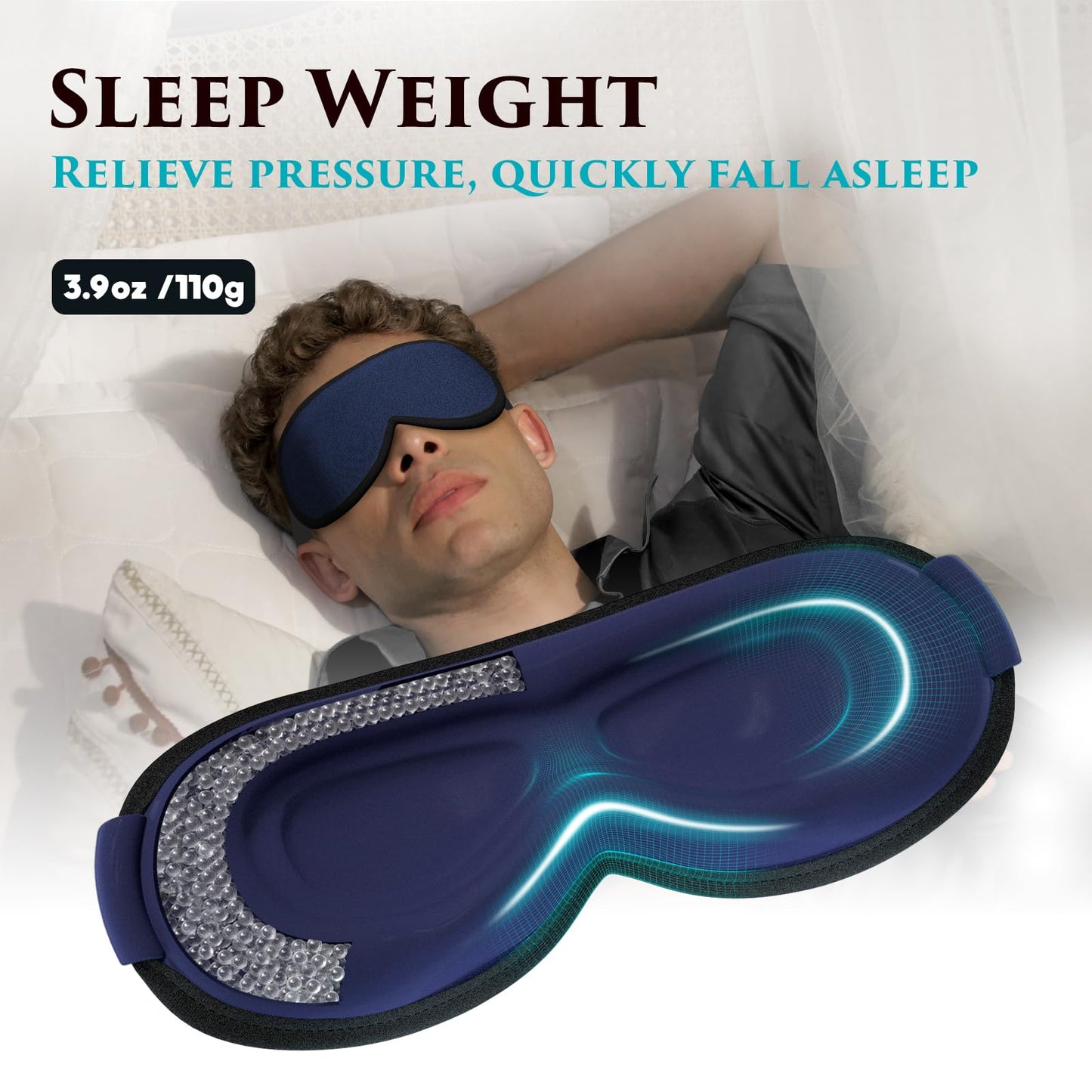 Weighted Eye Mask Cover for Sleeping - Eye Masks for Sleep with Adjustable Strap, Lash Extension Eye Covers for Women Men, 3D Contoured, Plane Travel Essentials, Blindfold for Meditation (Navy Blue)