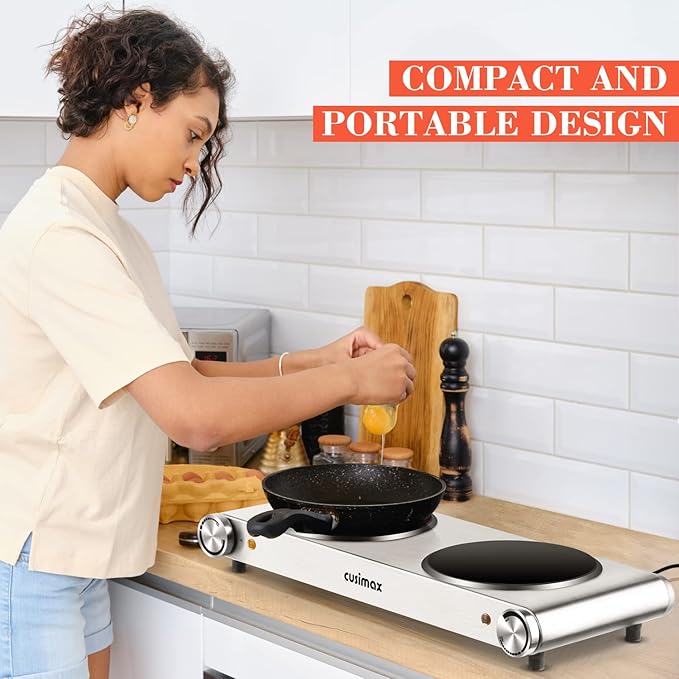 Double Burner, CUSIMAX Electric Burner 1800W Ceramic Hot Plate for Cooking, Glass Plate Infrared Burner, Portable Dual Control Electric Cooktop, Stainless Steel-Upgraded Version