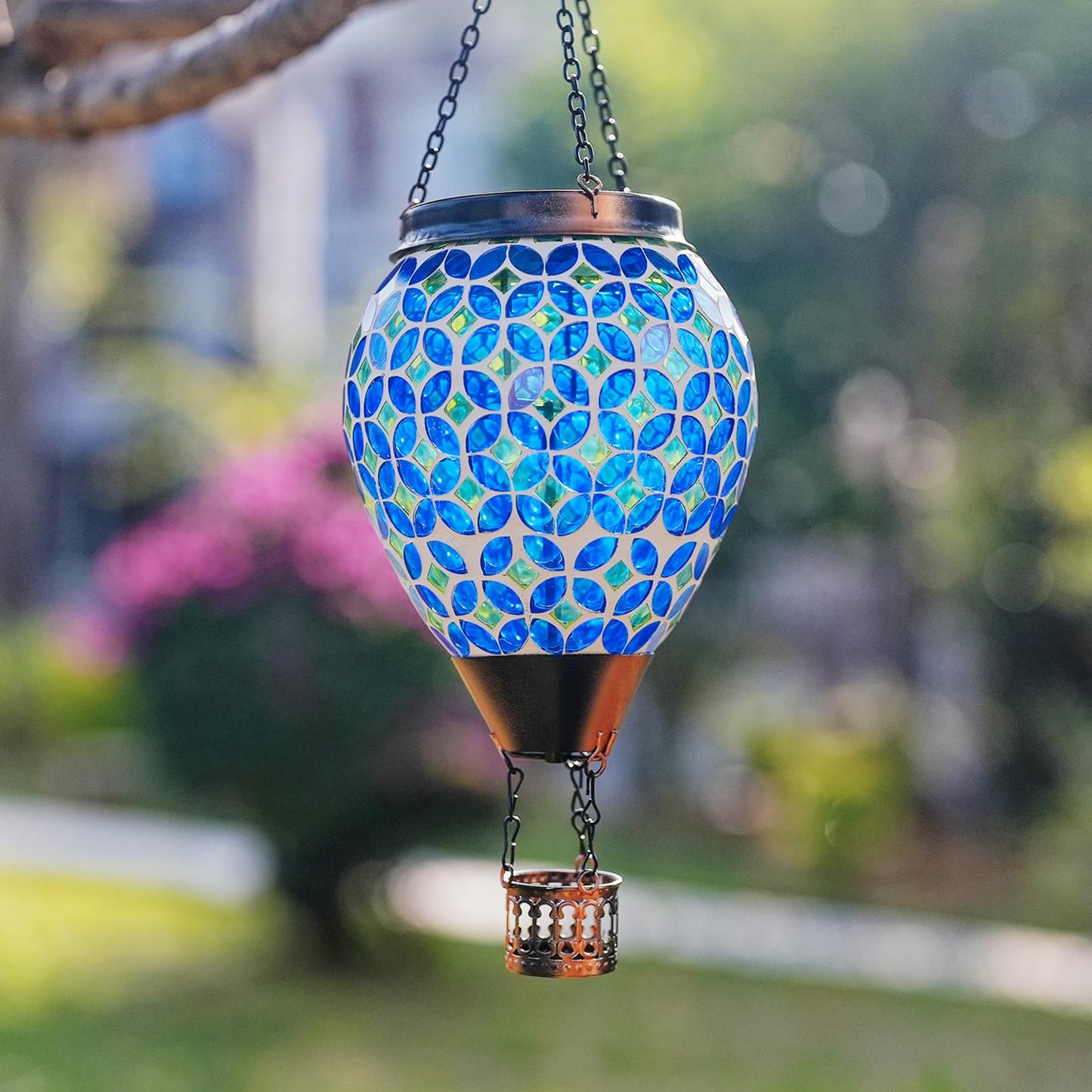 Dreamskip Mosaic Hot Air Balloon Solar Lantern With Flickering Flame  Blue Mosaic Hanging Solar Lantern Lights Outdoor Waterproof For Garden Patio Gifts For Women Mom Grandma