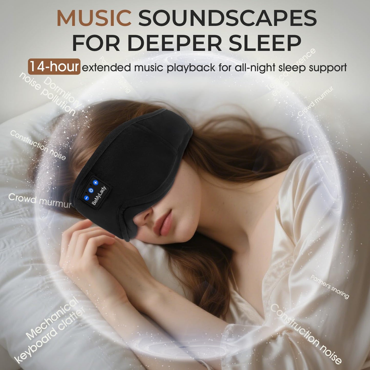 BeMyLady Sleep mask Headphones,100% Blackout 3D Zero Eye Pressure Bluetooth Sleep mask Breathable Eye mask with Bluetooth Headphones Sleep Headphones for Side Sleepers 14H Playtime&Bluetooth 5.4 Black
