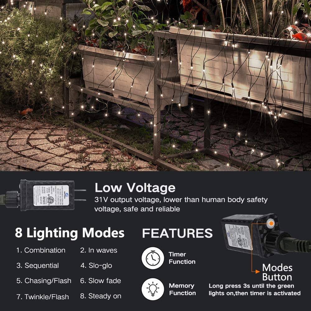 Lomotech 12Ft X 5Ft 360 Led Christmas Net Lights, Waterproof, 8 Modes, Green Wire, White