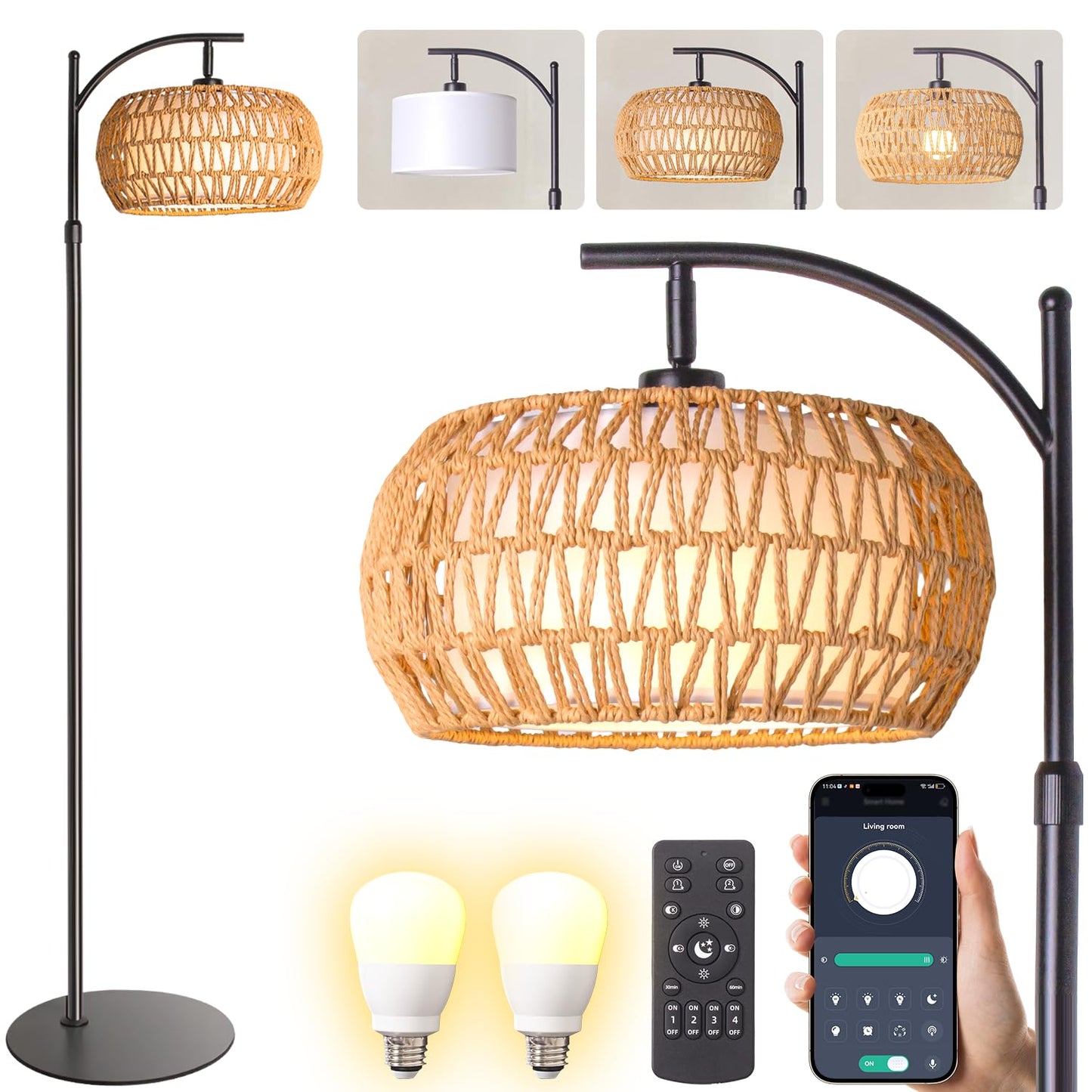 DRAWNCAT Boho Rattan Floor Lamp, 12W LED, Adjustable Height 48-60 Inch, Remote Control, Black, Model FL-BO33