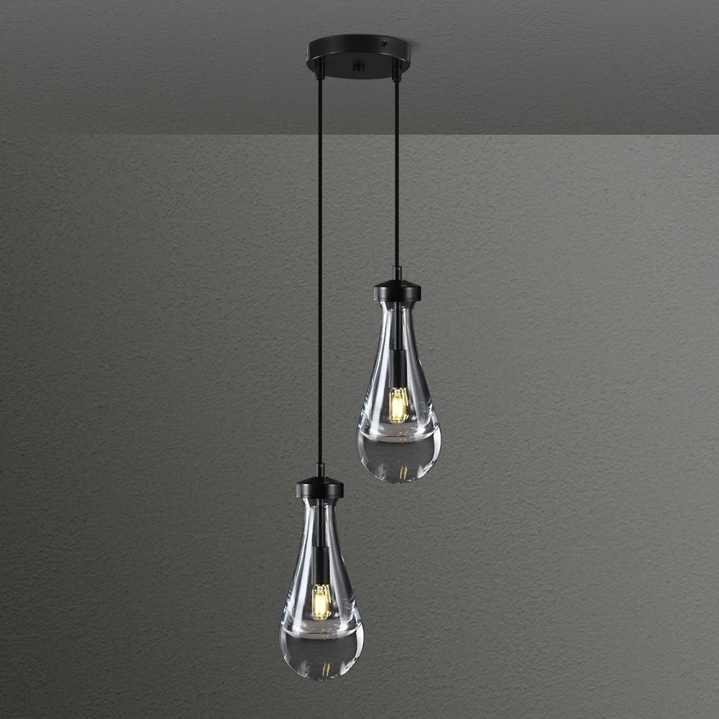 Black Raindrop Pendant Lights Kitchen Island, Bronze 2-Light Cluster Pendant Light for Dining Room, Dimmable Hanging Pendant Lighting Bedroom Light Fixture Ceiling Chandelier for Foyer