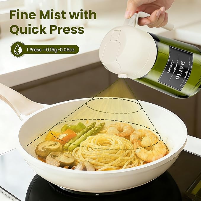 2 in 1 Oil Sprayer for Cooking 16oz, Green Light-Blocking Glass Olive Oil Dispenser Bottle, Food-Grade Oil Mister with 8 Stickers for Kitchen Salad Frying