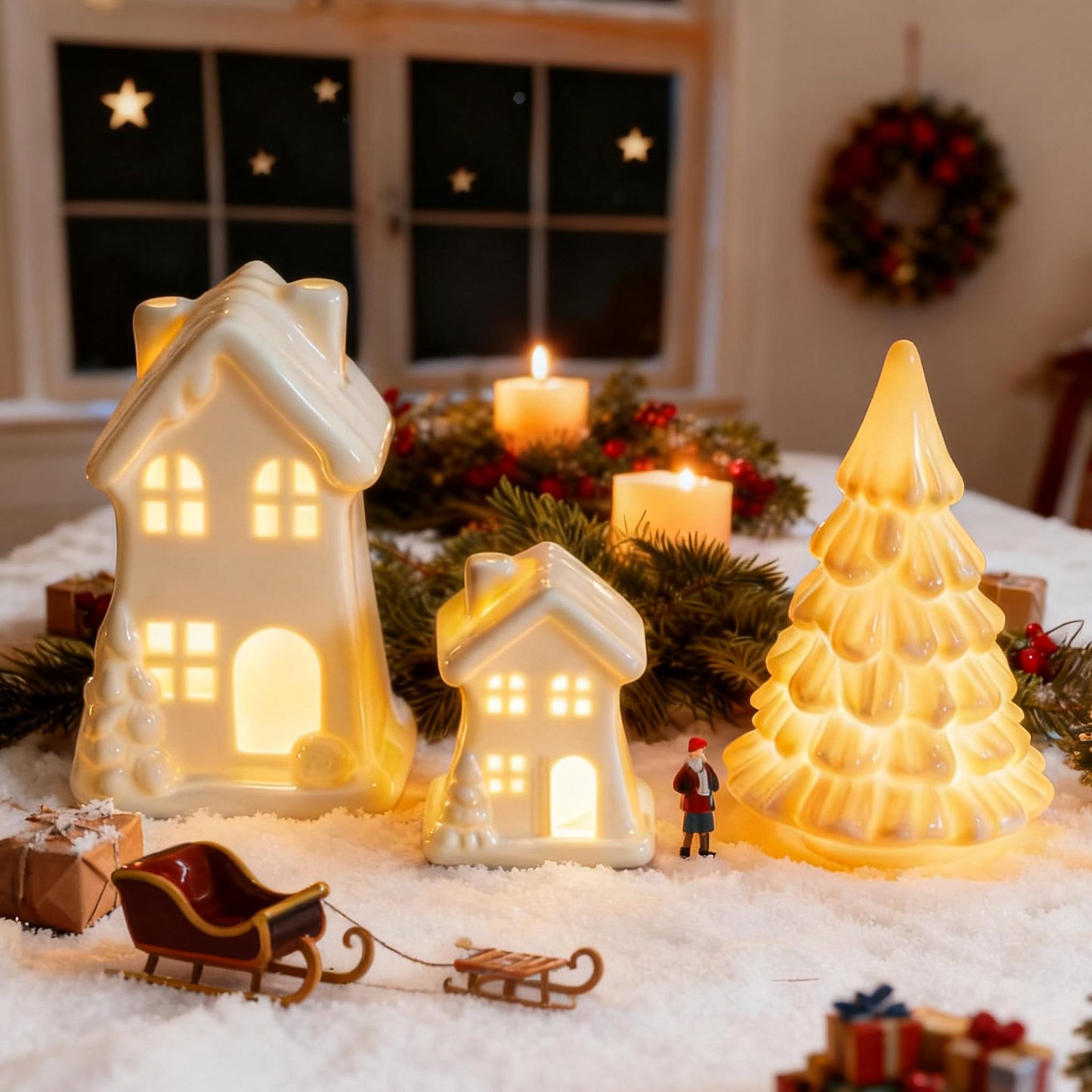 Nerosun Ceramic Christmas Village Houses  3Pcs Led Lighted Porcelain White Small House And Xmas Tree Tabletop Figurines  Light Up Christmas Decorations For Home Shelf Cabinet Table Winter Decor
