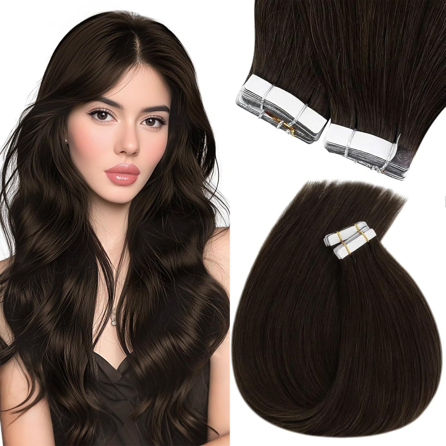 Sunny Hair Tape in Hair Extensions Real Human Hair Invisible Remy Hair Extensions Tape ins for Women Dark Brown 18 inch 20Pcs 50