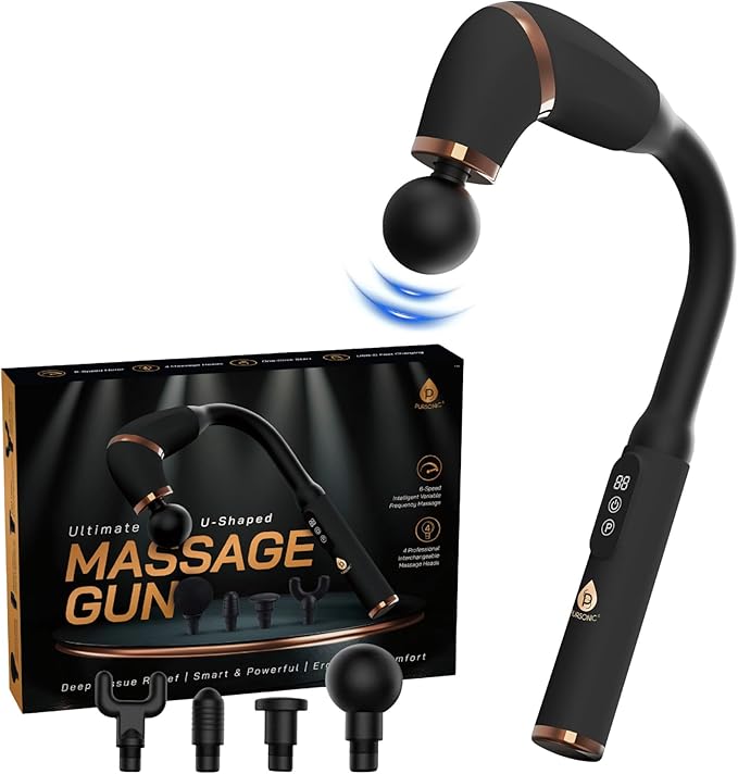 Pursonic Deep Tissue Massage Gun with U-Shaped Design & Long Handle – Handheld Back Massager with 4 Heads, 6 Speeds, USB-C...