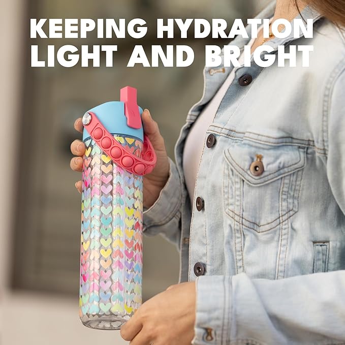 Elemental Splash Water Bottle with Straw - BPA-Free Tritan Plastic Reusable Water Bottle with Pop It Strap - Ideal for Travel, Gym and Sports - Leak Proof when Spout is Closed - 26oz - Rainbow Heart